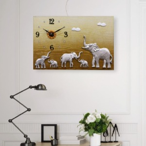 골드판 해바리기 코끼리 가족 목판부조 인테리어 벽시계